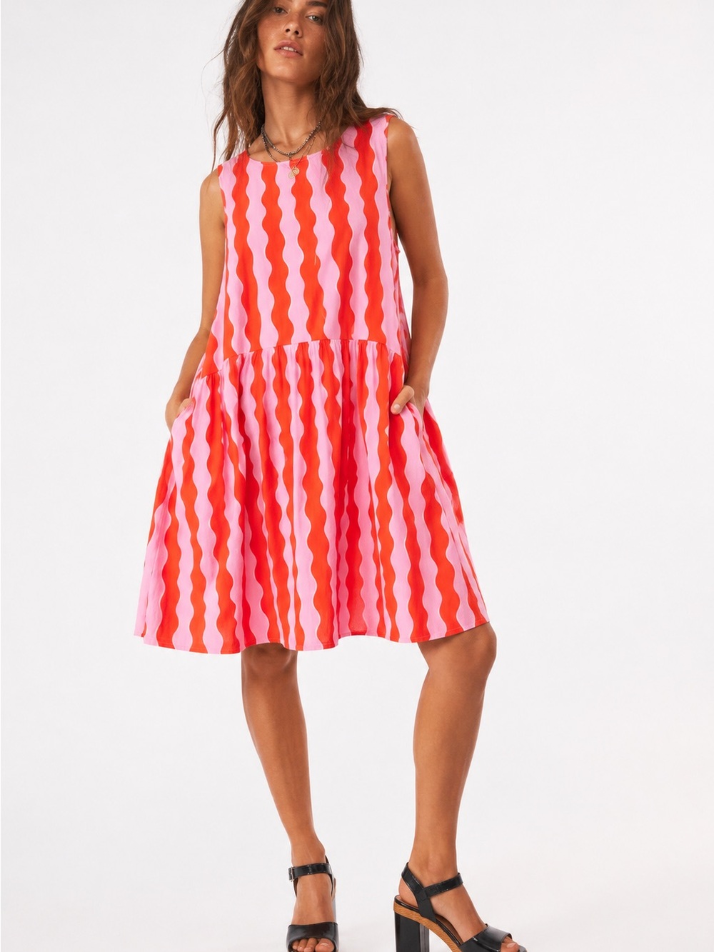 Gorman wavy striped cotton smock summer dress | pink and orange | Aus14/ US10